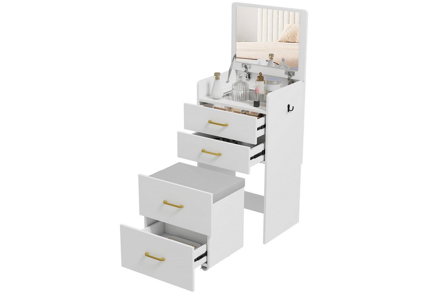HOMCOM Schminktisch mit Rollhocker, Spiegel, 4 Schubladen (Kosmetiktisch, 1-St., Frisiertisch), Frisierkommode für Schlafzimmer, Weiß von HOMCOM