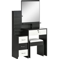 HOMCOM Schminktischset mit Schminktisch und gepolstertem Hocker großem Spiegel + mehreren offenen Regalen + 4 Schubladen Schwarz Weiß   Aosom von HOMCOM