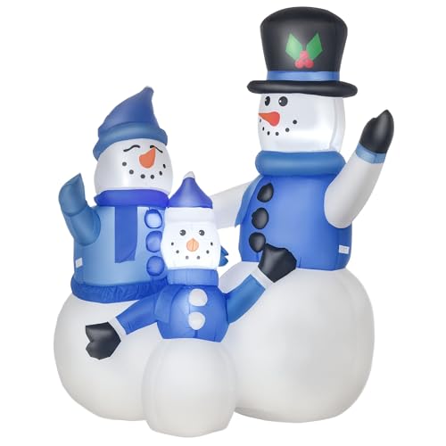 HOMCOM Schneemann Familie Selbstaufblasbare Dekoration LED mit Gebläse Blau L100 x B55 x H120 cm von HOMCOM