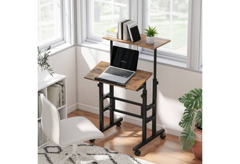 HOMCOM Schreibtisch 2-stufige Arbeitsfläche (Laptoptisch, 1-St., Arbeitstisch), Höhenverstellbar, Rustikal-Braun von HOMCOM