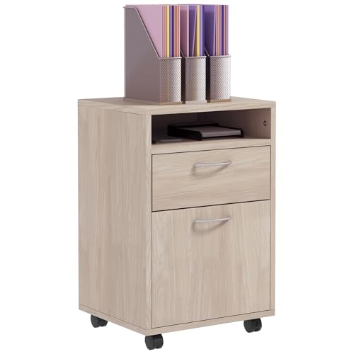 HOMCOM Schreibtisch-Aufbewahrungsbox, auf Rollen, Schublade, Schrank, Nische, Spanplatten, Eichenholz von HOMCOM