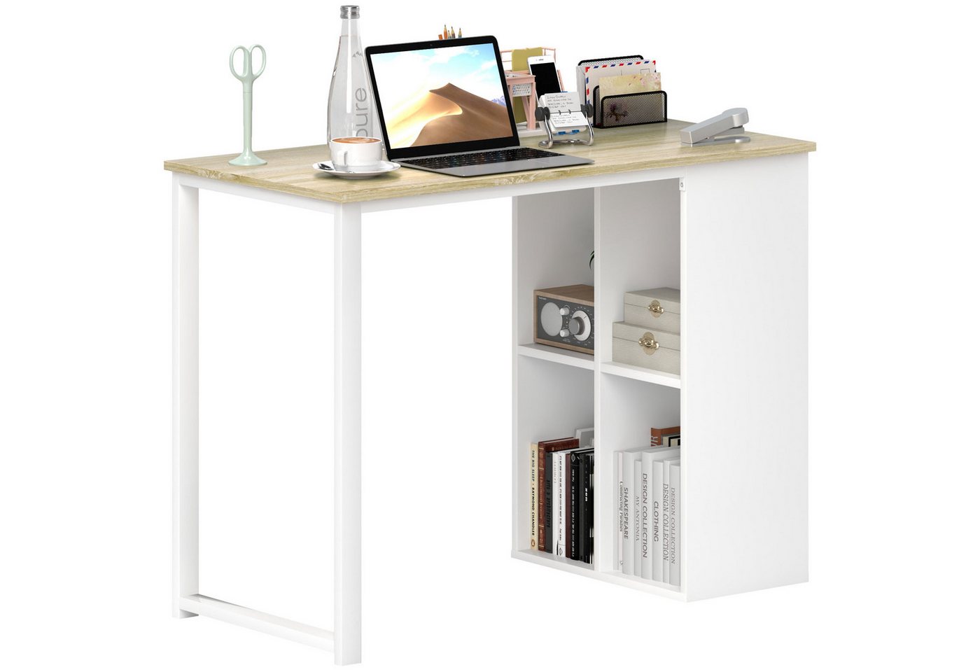 HOMCOM Schreibtisch Computertisch mit Ablagefächern (PC Tisch, 1-St., Moderner Bürotisch mit Stahlgestell), für Home Office, Arbeitszimmer, klein Raum 100 x 54 x 75 cm, Eiche von HOMCOM