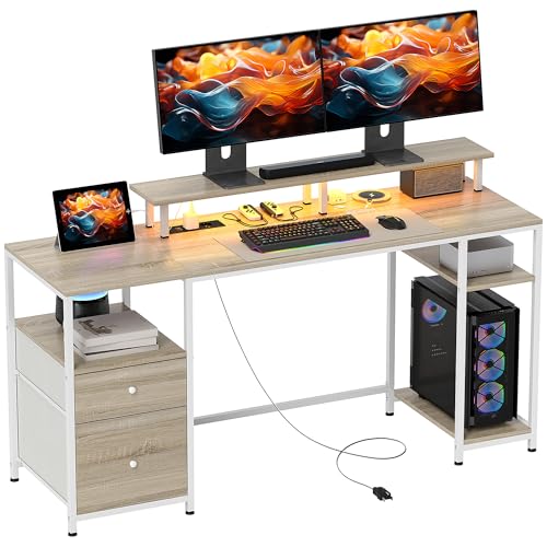 HOMCOM Schreibtisch Computertisch mit LED-Leuchten Regale Schubladen Steckdosen USB-Anschlüsse und Monitorhalterung für Büro Arbeitszimmer 155,5x48x75,5 cm Natur HOMCOM Schreibtisch Computertisch mit LED-Leuchten Regale Schubladen Steckdosen USB-Anschlüsse und Monitorhalterung für Büro Arbeitszimmer 155,5x48x75,5 cm Natur von HOMCOM