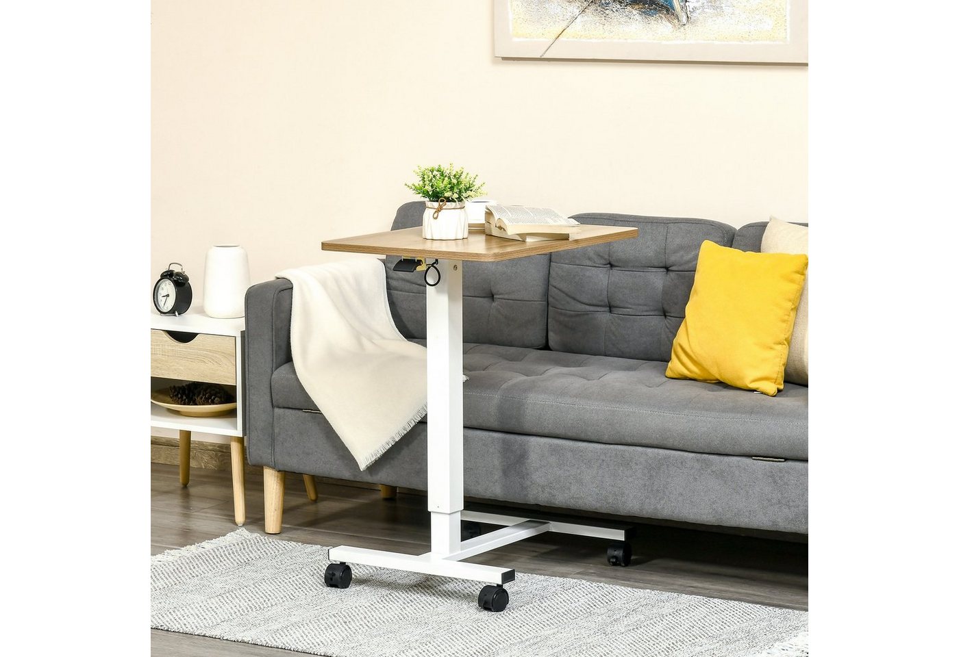 HOMCOM Schreibtisch Höhenverstellbarer Schreibtisch Laptoptisch mit Rollen (PC-Tisch, 1-St., Beistelltisch), Natur+Weiß Belastbar bis 70 kg 65 x 48 x 70-110 cm von HOMCOM