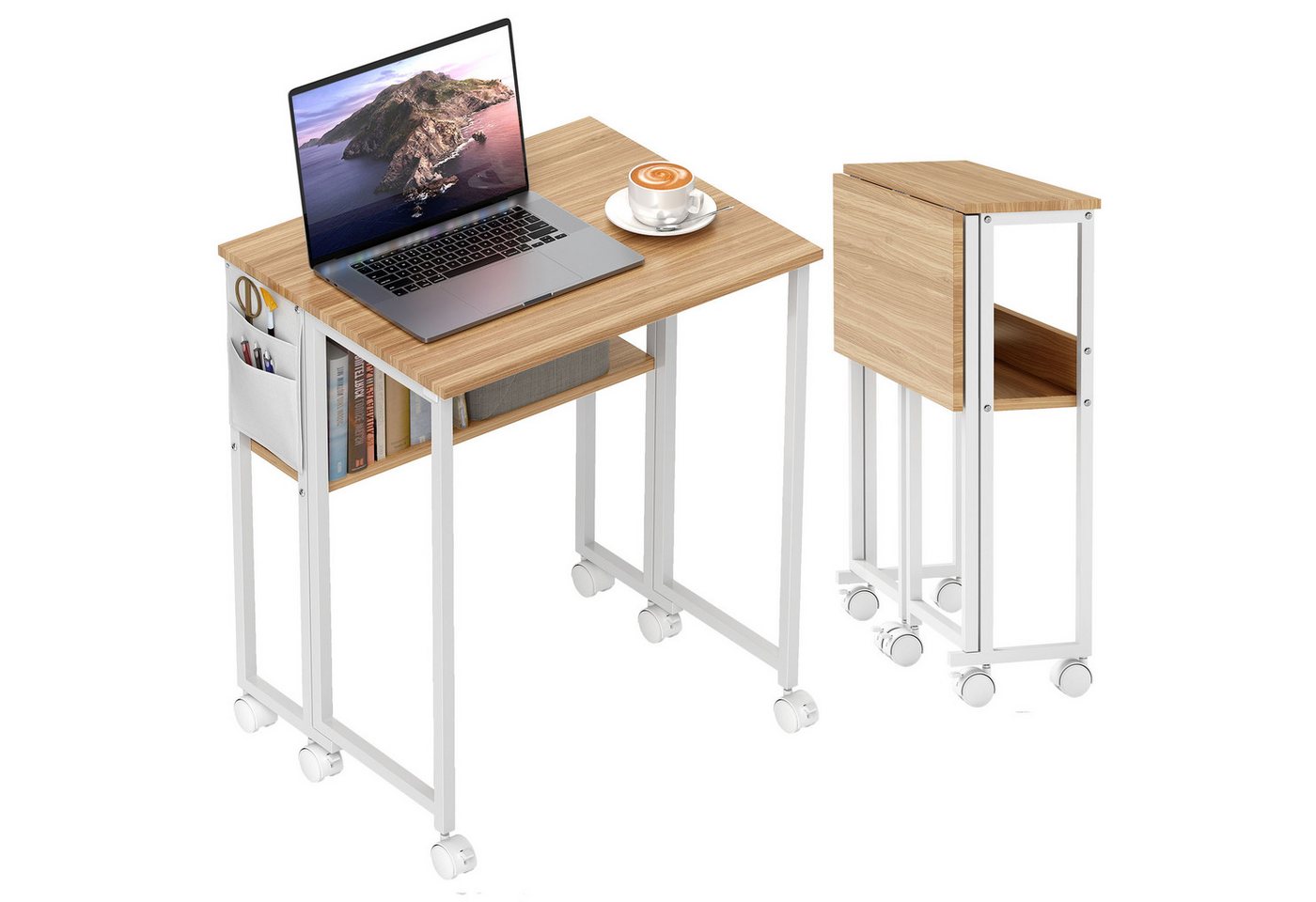 HOMCOM Schreibtisch Klappbar Klein 63 cm, mit Rollen, Regal, Aufbewahrungstasche (Klappschreibtisch, 1-St., Platzsparend Computertisch), mit Regal, Aufbewahrungstasche, für Home Office, Natur von HOMCOM
