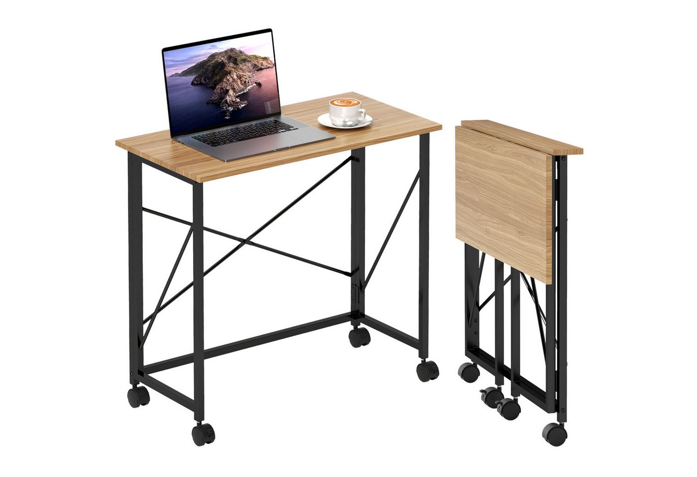HOMCOM Schreibtisch Klappbar Klein 80 cm mit Rollen (Klapptisch, 1-St., Klappschreibtisch), Computertisch für Home Office, Eiche von HOMCOM