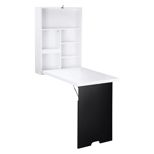 HOMCOM Schreibtisch Wandtisch Wandklapptisch mit Tafel, 5 Fächern, Klappschreibtisch Klappbarer Computertisch für Büro Weiß+Schwarz 60 x 94,5 x 147 cm von HOMCOM