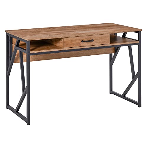 HOMCOM Schreibtisch im Industriestil, Maße: 120 x 60 x 76 cm (L x B x H), Schublade + 2 Nischen aus Metall, Schwarz, Tischplatte in Holzoptik, Walnussoptik von HOMCOM