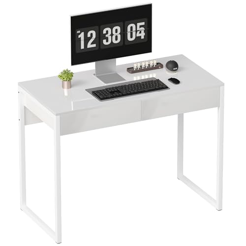HOMCOM Schreibtisch mit 2 Schubladen, Computertisch 100 x 50 cm, moderner Schreibtisch mit Stahlfuß, Arbeitsplatz für Schlafzimmer, kleine Räume, weiß glänzend HOMCOM Schreibtisch mit 2 Schubladen, Computertisch 100 x 50 cm, moderner Schreibtisch mit Stahlfuß, Arbeitsplatz für Schlafzimmer, kleine Räume, weiß glänzend von HOMCOM