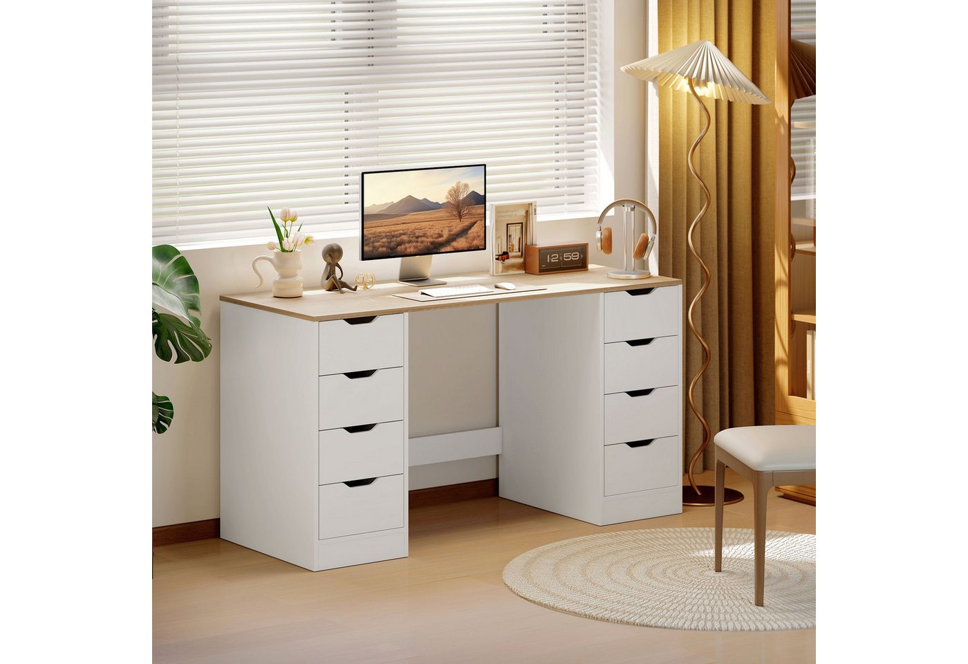 HOMCOM Schreibtisch mit 8 Schubladen (Computertisch, 1-St., Arbeitstisch), für Arbeitszimmer, Wohnzimmer, Weiß von HOMCOM