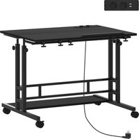 HOMCOM Schreibtisch mit Rädern, Steckdosen, USB-Anschlüssen, Höhenverstellbar, 80x60 cm, Stehschreibtisch mit Neigbarem mittlerem Panel und Unterem Ablagefach für Büro, Zuhause, Schwarz   Aosom von HOMCOM