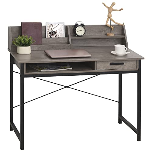 HOMCOM Schreibtisch mit Regal Schublade, Computertisch, Bürotisch, industrieller Stil, MDF, Metall, Grau+Schwarz, 106 x 53 x 95 cm von HOMCOM