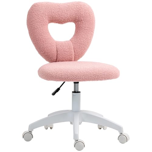 HOMCOM Schreibtischstuhl Bürostuhl Drehbar Homeoffice Stuhl mit Herzförmige Rückenlehne, ohne Armlehne Höhenverstellbarer Teddy-Fleece Schminktisch Stuhl für Arbeitszimmer, Rosa von HOMCOM