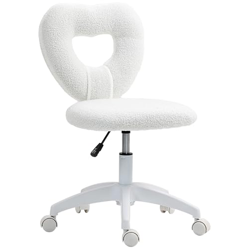 HOMCOM Schreibtischstuhl Bürostuhl Drehbar Homeoffice Stuhl mit Herzförmige Rückenlehne, ohne Armlehne Höhenverstellbarer Teddy-Fleece Schminktisch Stuhl für Arbeitszimmer, Weiß von HOMCOM