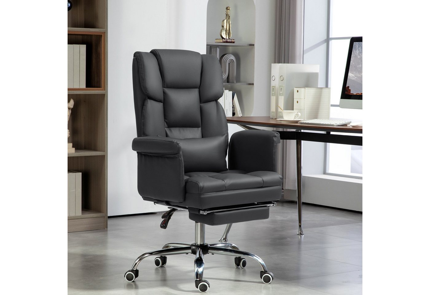 HOMCOM Schreibtischstuhl Ergonomisch Bürostuhl mit Liegefunktion, Lendenkissen (Computerstuhl, 1 St), für Home-Office, Kunstleder, Schwarz von HOMCOM