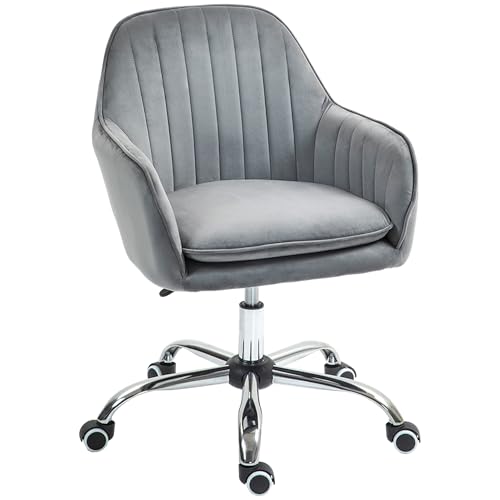 HOMCOM Schreibtischstuhl Höhenverstellbarer Bürostuhl Drehbar Homeoffice Stuhl mit Rücken- und Armlehne Samtoptik Schminktisch Stuhl für Arbeitszimmer, Grau von HOMCOM