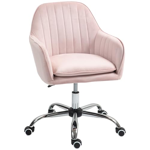 HOMCOM Schreibtischstuhl Höhenverstellbarer Bürostuhl Drehbar Homeoffice Stuhl mit Rücken- und Armlehne Samtoptik Schminktisch Stuhl für Arbeitszimmer, Rosa von HOMCOM