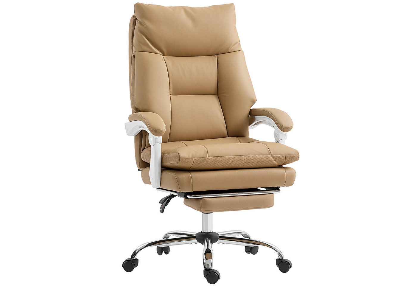 HOMCOM Schreibtischstuhl mit Lendenwirbelstütze, Klappbar Armlehne, Fußstütze, Liegefunktion (ergonomischer Bürostuhl, 1 St), Kunstleder, Gepolstert, Hellbraun von HOMCOM