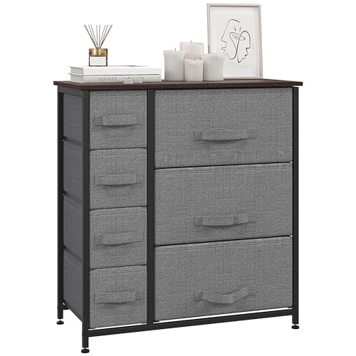 HOMCOM Schubladenschrank Aufbewahrungsschrank mit faltbaren 7 Stoffschubladen Metallgestell + Holz + Vliesstoff Dunkelrau 63,5 x 30 x 71 cm von HOMCOM