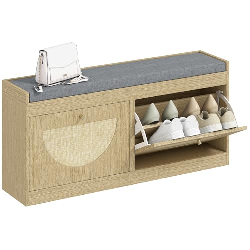 HOMCOM Schuhbank, Bohemian, mit gepolstertem Sitz, Türen vorne aus Rattan, verstellbares Regal, für 8 Paar Schuhe, für Eingang, 105 x 35 x 47 cm, Natur von HOMCOM
