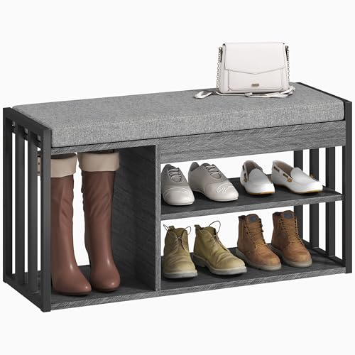 HOMCOM Schuhbank Schuhregal mit Sitzfläche gepolstert Sitzbank mit Stauraum, 3 Fächer Flurbank für Wohnzimmer, Flur, 86 x 30 x 45,4 cm, Grau von HOMCOM