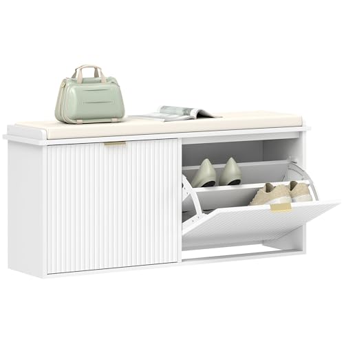 HOMCOM Schuhbank Schuhschrank Schmaler Schuhschrank Eingangshalle Bank mit gepolstertem Sitz Klappbare Schublade und Lattenrost für 10 Paar Schuhe für Eingangshalle Schlafzimmer 104x26x47,5 cm Weiß HOMCOM Schuhbank Schuhschrank Schmaler Schuhschrank Eingangshalle Bank mit gepolstertem Sitz Klappbare Schublade und Lattenrost für 10 Paar Schuhe für Eingangshalle Schlafzimmer 104x26x47,5 cm Weiß von HOMCOM