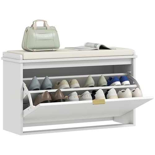 HOMCOM Schuhbank Schuhschrank Schmaler Schuhschrank Eingangshalle Bank mit gepolstertem Sitz Klappbare Schublade und Lattenrost für 8 Paar Schuhe für Eingangshalle Schlafzimmer 80x26x47,5 cm Weiß HOMCOM Schuhbank Schuhschrank Schmaler Schuhschrank Eingangshalle Bank mit gepolstertem Sitz Klappbare Schublade und Lattenrost für 8 Paar Schuhe für Eingangshalle Schlafzimmer 80x26x47,5 cm Weiß von HOMCOM