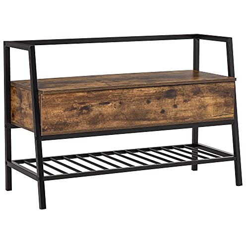 HOMCOM Schuhbank Sitzbank Sitztruhe mit 2 Ablagen Eingangsbereich großer Lagerraum Industriedesign Spanplatte Metall Rustikales Braun+Schwarz 90 x 37 x 60 cm von HOMCOM