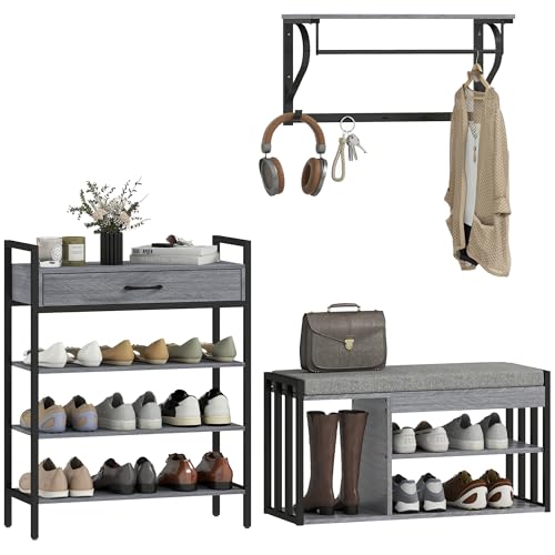 HOMCOM Schuhregal 4 Ebenen Wandgarderobe mit Ablage 5 Haken und Stange gepolstert Schuhbank mit Sitzfläche Stauraum, 3 Fächer, für Flur, Wohnzimmer Grau HOMCOM Schuhregal 4 Ebenen Wandgarderobe mit Ablage 5 Haken und Stange gepolstert Schuhbank mit Sitzfläche Stauraum, 3 Fächer, für Flur, Wohnzimmer Grau von HOMCOM