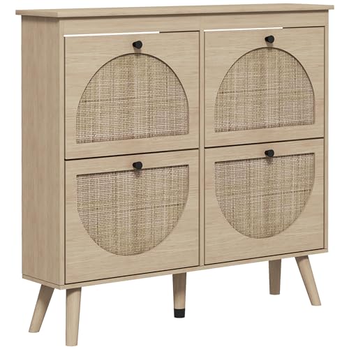 HOMCOM Schuhschrank, 4 Klappen, 20 Paar mit verstellbarem Regal, Boho-Stil, Füße aus Massivholz, 105 x 24 x 97,5 cm, Natur von HOMCOM
