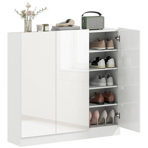 HOMCOM Schuhschrank, Schuhregal mit Verstellbaren Ablagen, Belüftungslöchern, Hochglanztüren, Schuhaufbewahrung mit Soft-Close-Funktion, Schuhkommode für 25–30 Paar 106,4x34x108,5cm, Weiß von HOMCOM