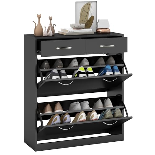 HOMCOM Schuhschrank – 2 Schubladen und 2 Klapptüren mit verstellbarem Einlegeboden – 80 x 30 x 91,5 cm – Griffe aus Aluminium, Schwarz HOMCOM Schuhschrank – 2 Schubladen und 2 Klapptüren mit verstellbarem Einlegeboden – 80 x 30 x 91,5 cm – Griffe aus Aluminium, Schwarz von HOMCOM