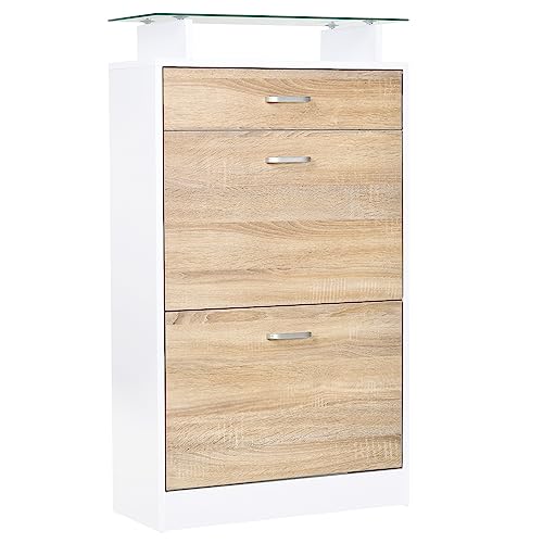 HOMCOM Schuhschrank Aufbewahrungsmöbel für Schuhe 2 Klapptüren 2 Fächer, Schublade, Glasplatte - Holz Eiche Weiß HOMCOM Schuhschrank Aufbewahrungsmöbel für Schuhe 2 Klapptüren 2 Fächer, Schublade, Glasplatte - Holz Eiche Weiß von HOMCOM