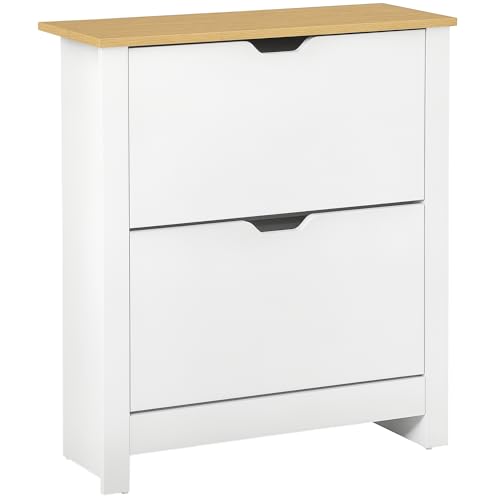 HOMCOM Schuhschrank Schuhkipper Schuhregal mit 2 Klappen für 12 Paar Schuhe platzsparend Schuhständer für Flur, Eingangsbereich Weiß+Natur 72 x 26 x 80 cm HOMCOM Schuhschrank Schuhkipper Schuhregal mit 2 Klappen für 12 Paar Schuhe platzsparend Schuhständer für Flur, Eingangsbereich Weiß+Natur 72 x 26 x 80 cm von HOMCOM