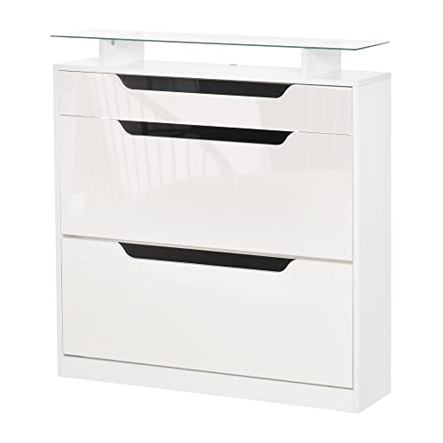 HOMCOM Schuhschrank Schuhregal Trenddesign Aufbewahrungsschrank Kippeimer mit Klapptür Glasplatte Verstellbares Regal großes Fassungsvermögen für 14 Paar Hochglanz+Weiß 89 x 23 x 96 cm HOMCOM Schuhschrank Schuhregal Trenddesign Aufbewahrungsschrank Kippeimer mit Klapptür Glasplatte Verstellbares Regal großes Fassungsvermögen für 14 Paar Hochglanz+Weiß 89 x 23 x 96 cm von HOMCOM