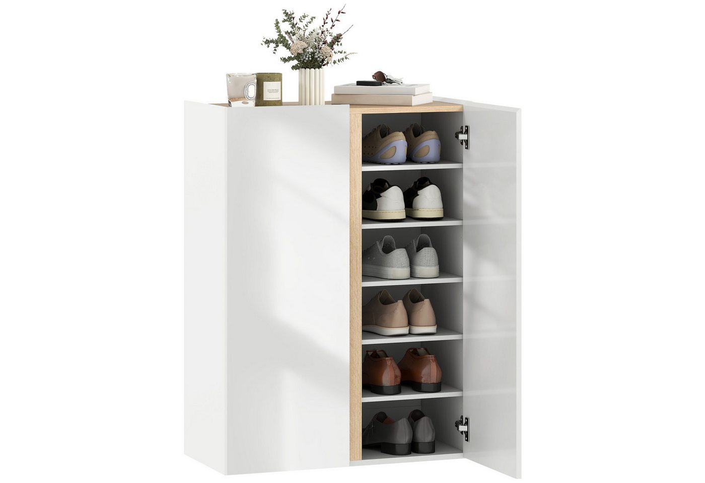 HOMCOM Schuhschrank mit 2 Hochglanz Türen Schuhregal mit 6 Verstellbaren Fächern (Schuhkommode, 1-St., Schuhaufbewahrung) mit Soft-Close-Funktion für 18 Paar Schuhe 70 x 30 x 95 cm, Weiß von HOMCOM