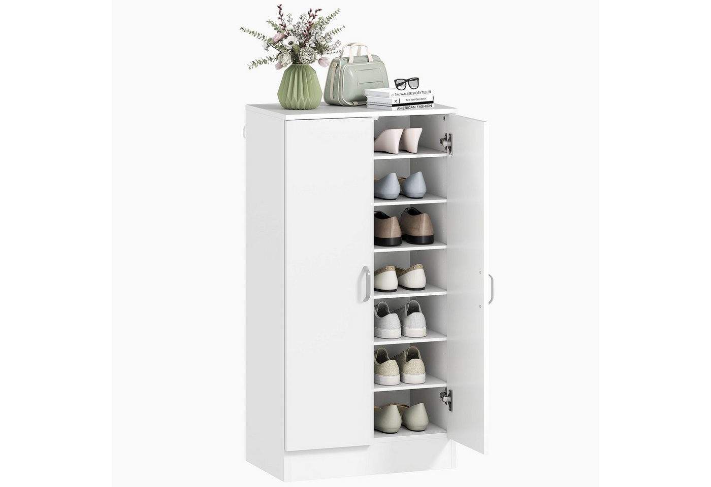 HOMCOM Schuhschrank mit 2 Türen, 6 Verstellbaren Ablagen, Soft-Close-Funktion (Schuhregal, 1-St., Schuhaufbewahrung) für 14 Paar Schuhe 55 x 35 x 108 cm, Weiß von HOMCOM