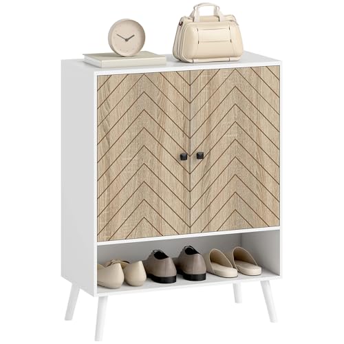 HOMCOM Schuhschrank mit 2 Türen mit Fischgrätenmuster, Schuhschrank, Eingangsbereich, mit verstellbaren Regalen, offenes Fach, für 15 Paar Schuhe, 75 x 35 x 97 cm, Weiß und Natur von HOMCOM