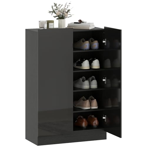 HOMCOM Schuhschrank mit 2 Türen mit Softclose, Schuhschrank, Eingangsbereich, mit verstellbaren Regalen, Belüftungslöchern, für 20 Paar Schuhe, 72 x 34,5 x 103 cm, Schwarz glänzend von HOMCOM
