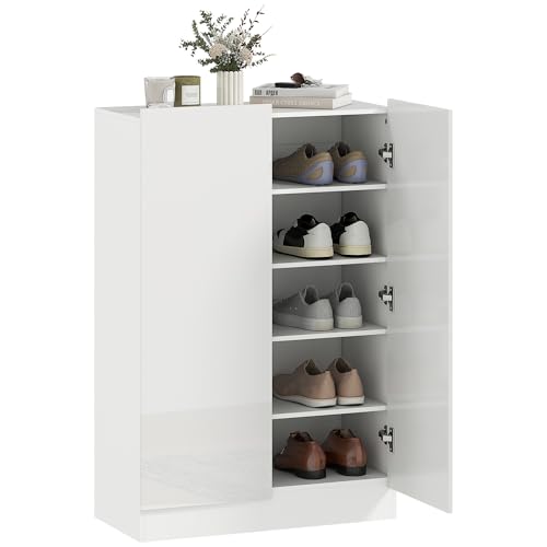 HOMCOM Schuhschrank mit 2 Türen mit Softclose, Schuhschrank, Eingangsbereich, mit verstellbaren Regalen, Belüftungslöchern, für 20 Paar Schuhe, 72 x 34,5 x 103 cm, glänzend weiß von HOMCOM