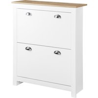HOMCOM Schuhschrank mit 2 abklappbaren Türen, 2 Fächern, silberne Muschelgriffe, MDF Weiß Hell Eiche Aosom HOMCOM Schuhschrank mit 2 abklappbaren Türen, 2 Fächern, silberne Muschelgriffe, MDF Weiß Hell Eiche Aosom von HOMCOM