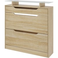 HOMCOM Schuhschrank mit 2 klappbaren Türen + 1 herausziehbarer Schublade + 1 Schublade und 1 Glasregal, Höhenverstellbarer Regal auf 2 Ebenen 89 x 23 x 96 cm Eiche   Aosom von HOMCOM