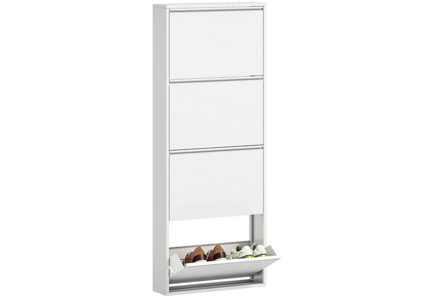 HOMCOM Schuhschrank mit 4 Klappen Schuhkipper Schmal für 8 Paar Schuhe Schuhregal (Metall Schuhkommode, 1-St., Schuhablage Wandmontage) für Eingangsbereich, Flur 55 x 15 x 139,5 cm Weiß von HOMCOM