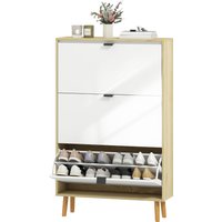 HOMCOM Schuhschrank platzsparend Slim mit 3 Klappentüren, Schuhschrank Eingang mit Verstellbaren Regalen auf 2 Ebenen und Erhöhter Basis, Schuhaufbewahrung für 24 Paar mit Griff, 80x24x127 cm, Glänzendes Weiß   Aosom von HOMCOM