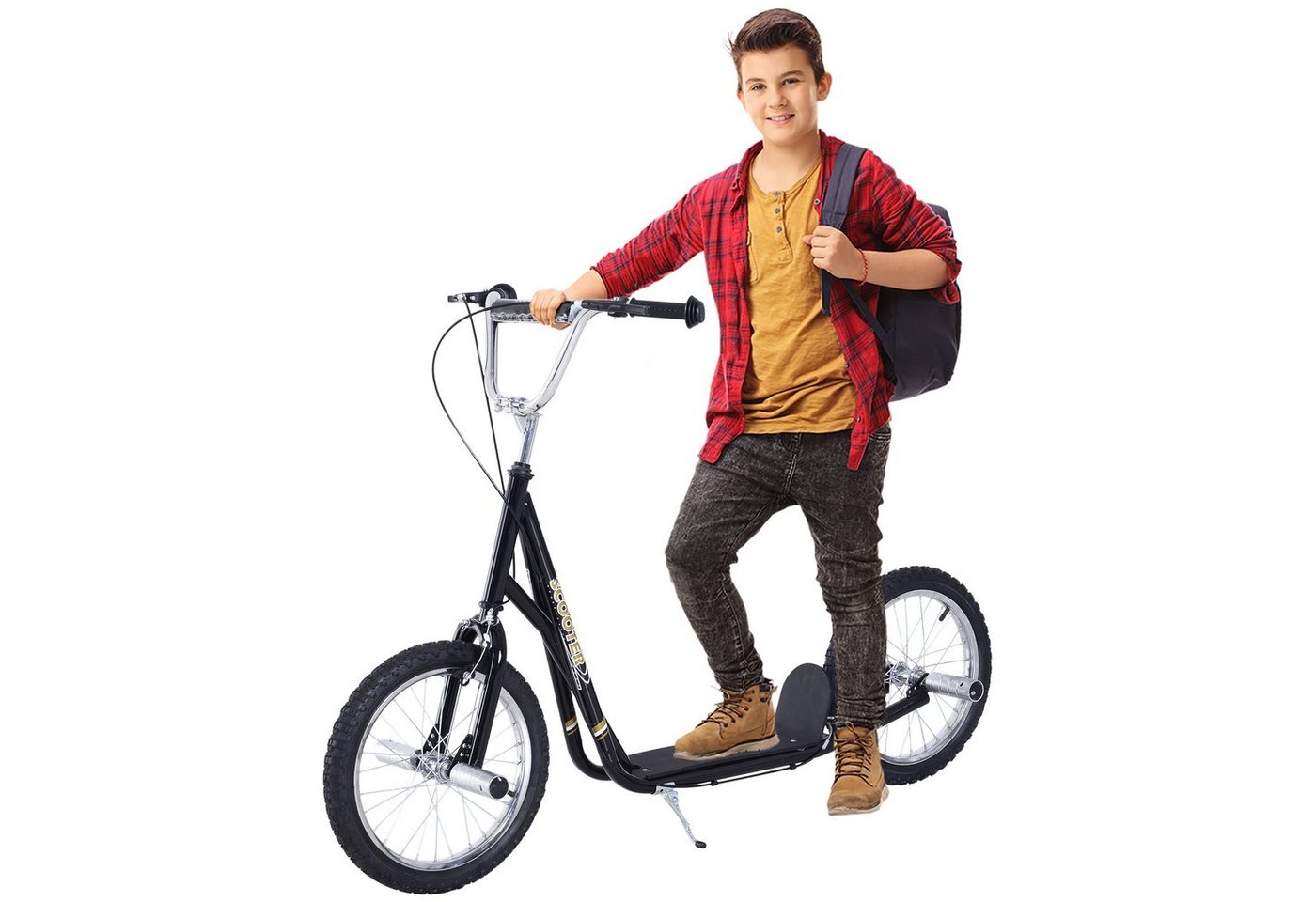 HOMCOM Scooter Kinderroller mit Luftreifen Tretroller Höhenverstellbar Schwarz, (1 tlg), L143 x B58 x H92-100 cm von HOMCOM