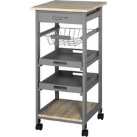 HOMCOM Servierwagen Kücheninsel mit Rollen Korb + 2 herausnehmbare Tabletts, Schublade, Regal aus hellem Eichenholz Pinienholz Grau   Aosom von HOMCOM