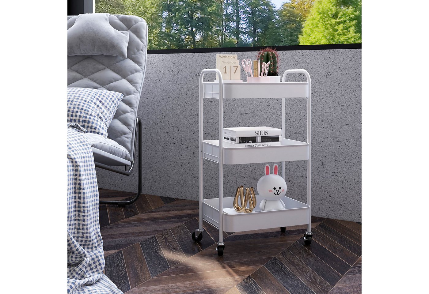 HOMCOM Servierwagen Küchenwagen, Rollwagen mit 3 Etagen, (Beistellwagen, 1 St., Aufbewahrungswagen), für Küche, Wohnzimmer, Stahl, Weiß von HOMCOM