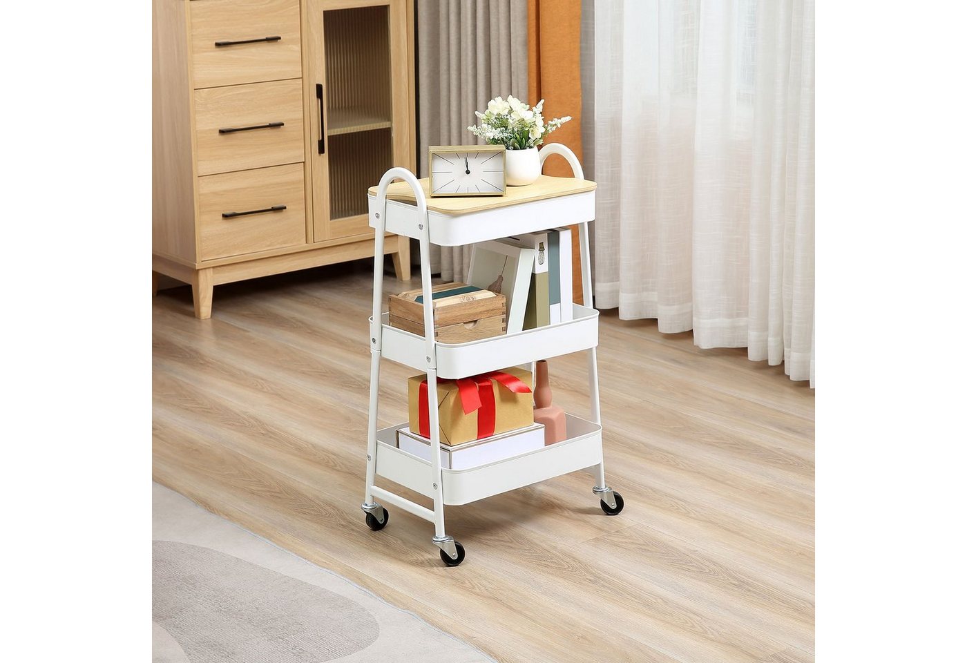 HOMCOM Servierwagen Küchenwagen Metallrollwagen 3-Etagen mit großem Stauraum und Deckel, (Servierwagen, 1 St., Küchenregal mit Rollen), 45cm x 31cm x 79,4cm von HOMCOM