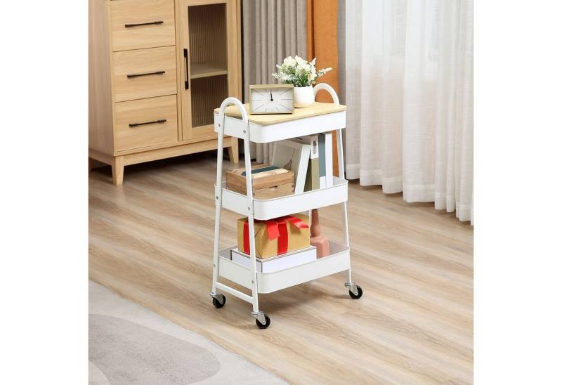 HOMCOM Servierwagen Küchenwagen Metallrollwagen 3-Etagen mit großem Stauraum und Deckel, (Servierwagen, 1 St., Küchenregal mit Rollen), 45cm x 31cm x 79,4cm von HOMCOM