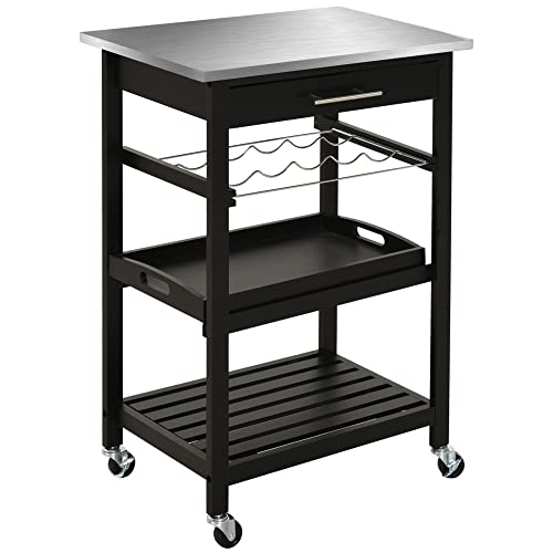 HOMCOM Servierwagen Küchenwagen Rolltisch mit Flaschenregal 60L x 40l x 85H cm Edelstahlplatte. Schwarz von HOMCOM